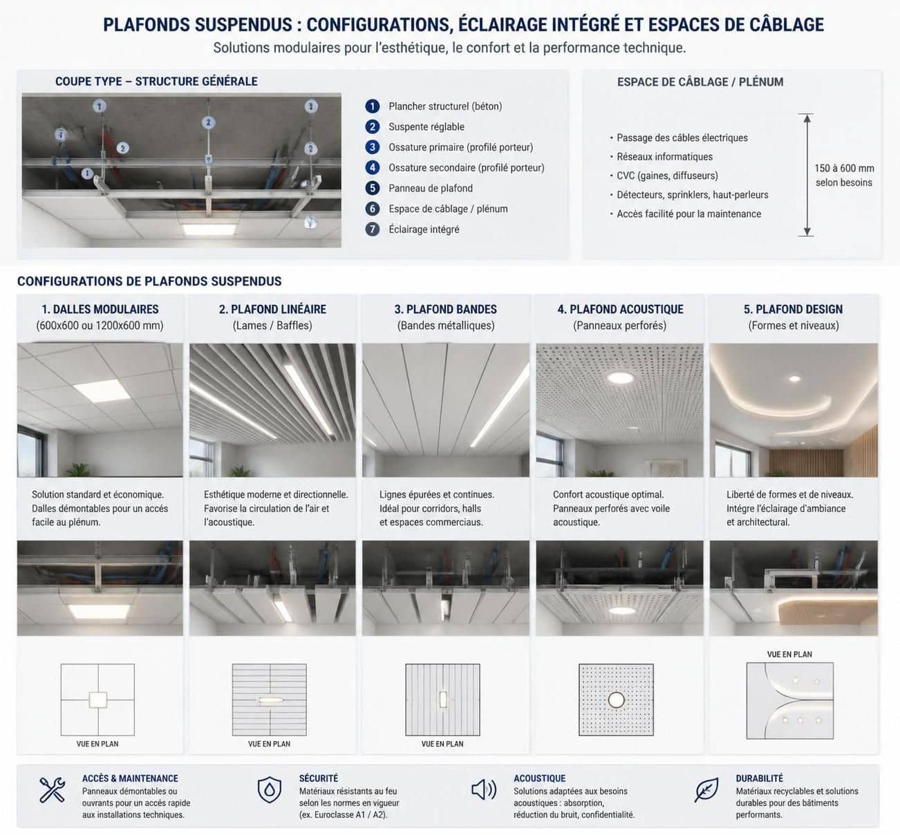 découvrez les avantages du faux plafond suspendu, les différents types de pose disponibles et les tarifs pour une installation adaptée à vos besoins.